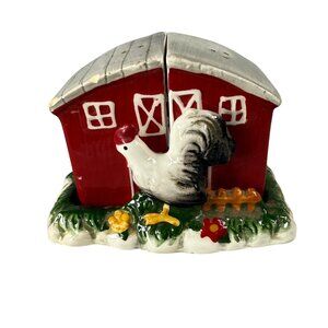 Ceramic Rooster & Barn Salt Pepper Shakers Set Vintage Farmhouse Country Decor